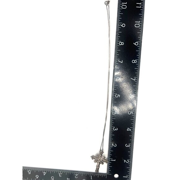 Unisex Silver Fleur-De-Lis Cross 1.75" Pendant Necklace 18" 925 Box Chain Vtg - Picture 7 of 8